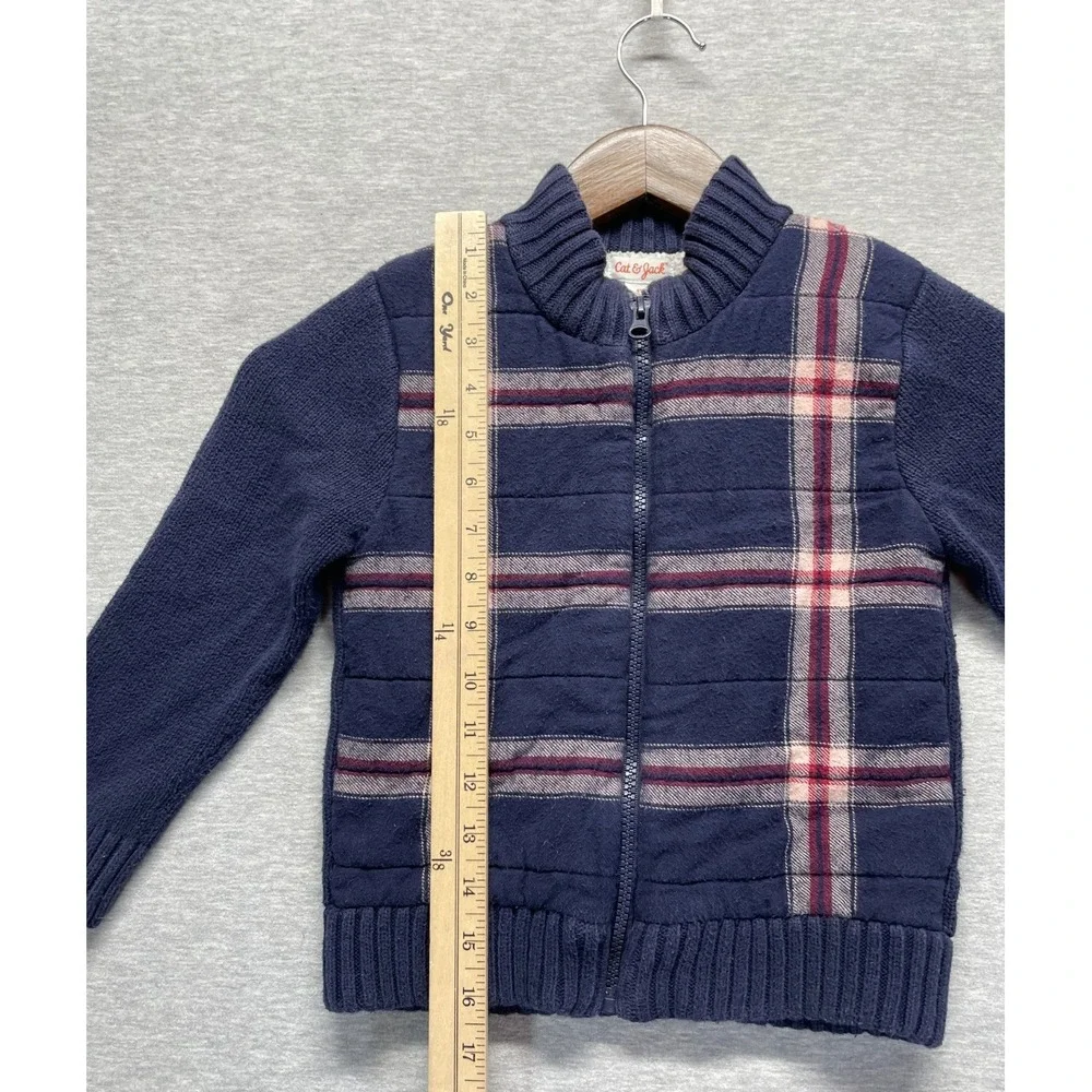 Cat & Jack Sweater Jacket Boys 4T Navy Blue Plaid Preppy Mock Neck Full Zip